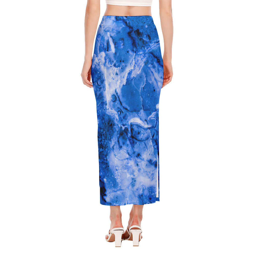 Blue Sapphire Marble Print Side Slit Maxi Skirt