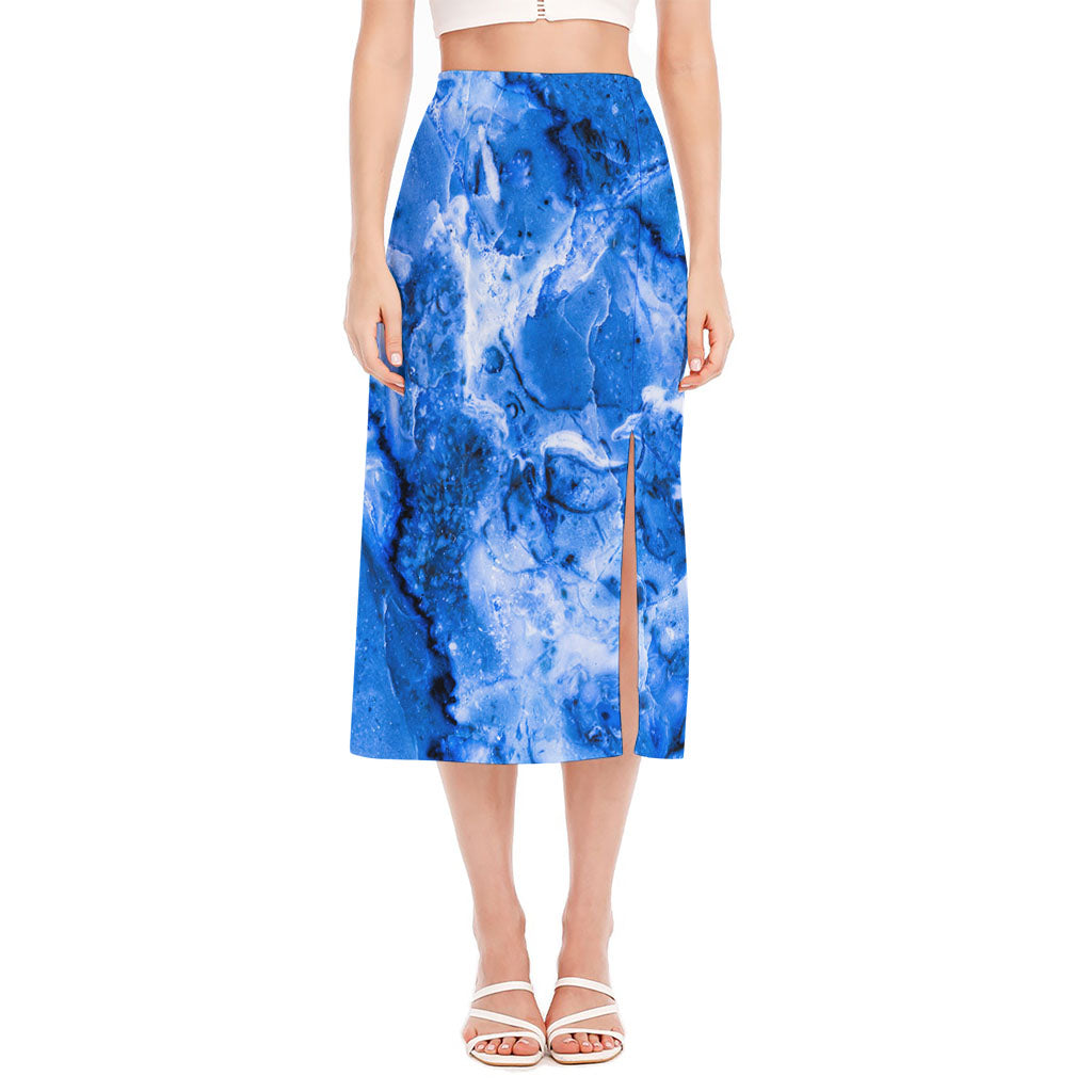Blue Sapphire Marble Print Side Slit Midi Skirt