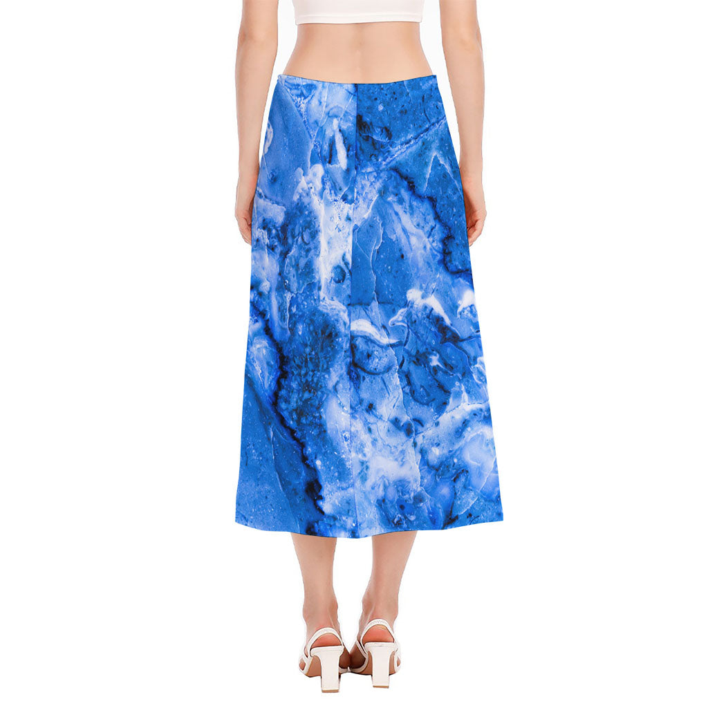 Blue Sapphire Marble Print Side Slit Midi Skirt