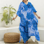 Blue Sapphire Marble Print Silk V-Neck Kaftan Dress