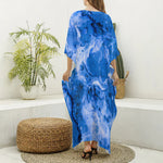 Blue Sapphire Marble Print Silk V-Neck Kaftan Dress