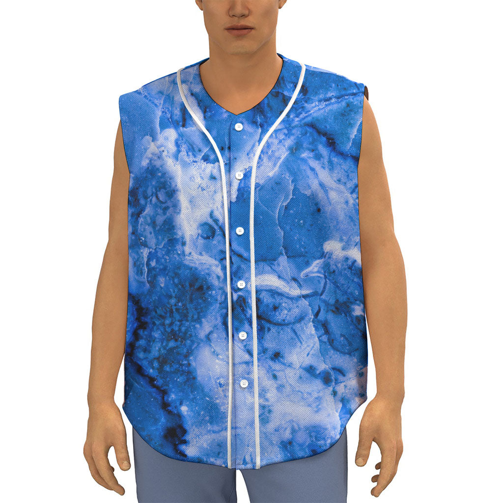 Blue Sapphire Marble Print Sleeveless Baseball Jersey