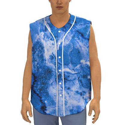 Blue Sapphire Marble Print Sleeveless Baseball Jersey