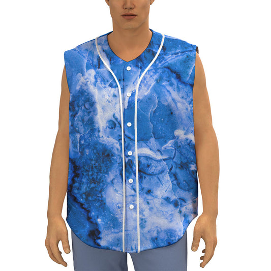 Blue Sapphire Marble Print Sleeveless Baseball Jersey