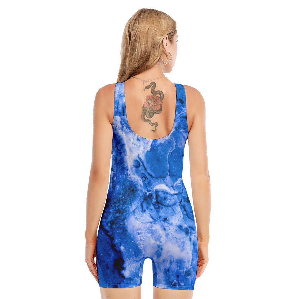 Blue Sapphire Marble Print Sleeveless One Piece Swimsuit