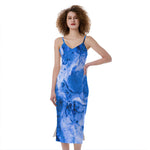 Blue Sapphire Marble Print Slim Fit Midi Cami Dress