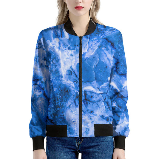 Blue Sapphire Marble Print Women's Bomber Jacket
