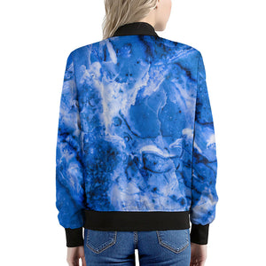 Blue Sapphire Marble Print Women's Bomber Jacket