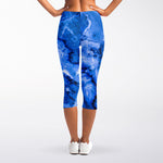 Blue Sapphire Marble Print Women's Capri Leggings