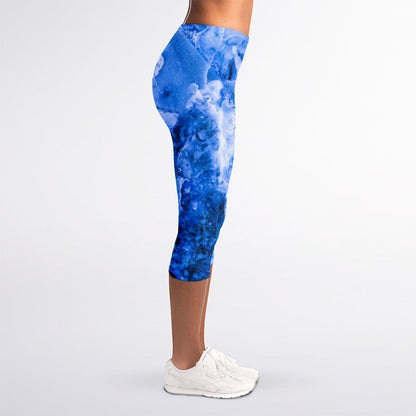 Blue Sapphire Marble Print Women's Capri Leggings