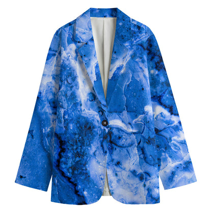 Blue Sapphire Marble Print Women's Cotton Blazer