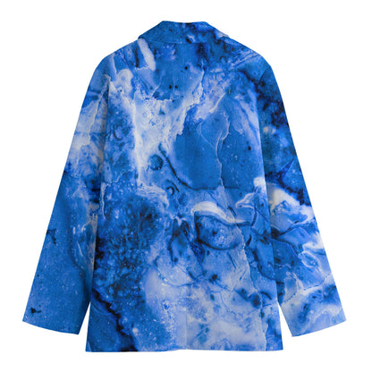 Blue Sapphire Marble Print Women's Cotton Blazer