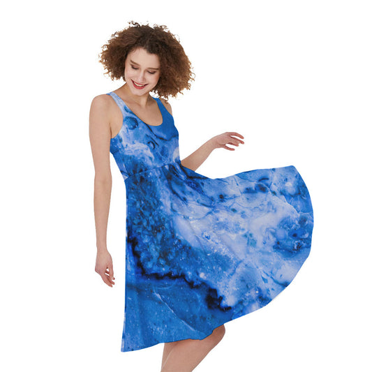 Blue Sapphire Marble Print Women's Sleeveless Dress