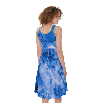 Blue Sapphire Marble Print Women's Sleeveless Dress
