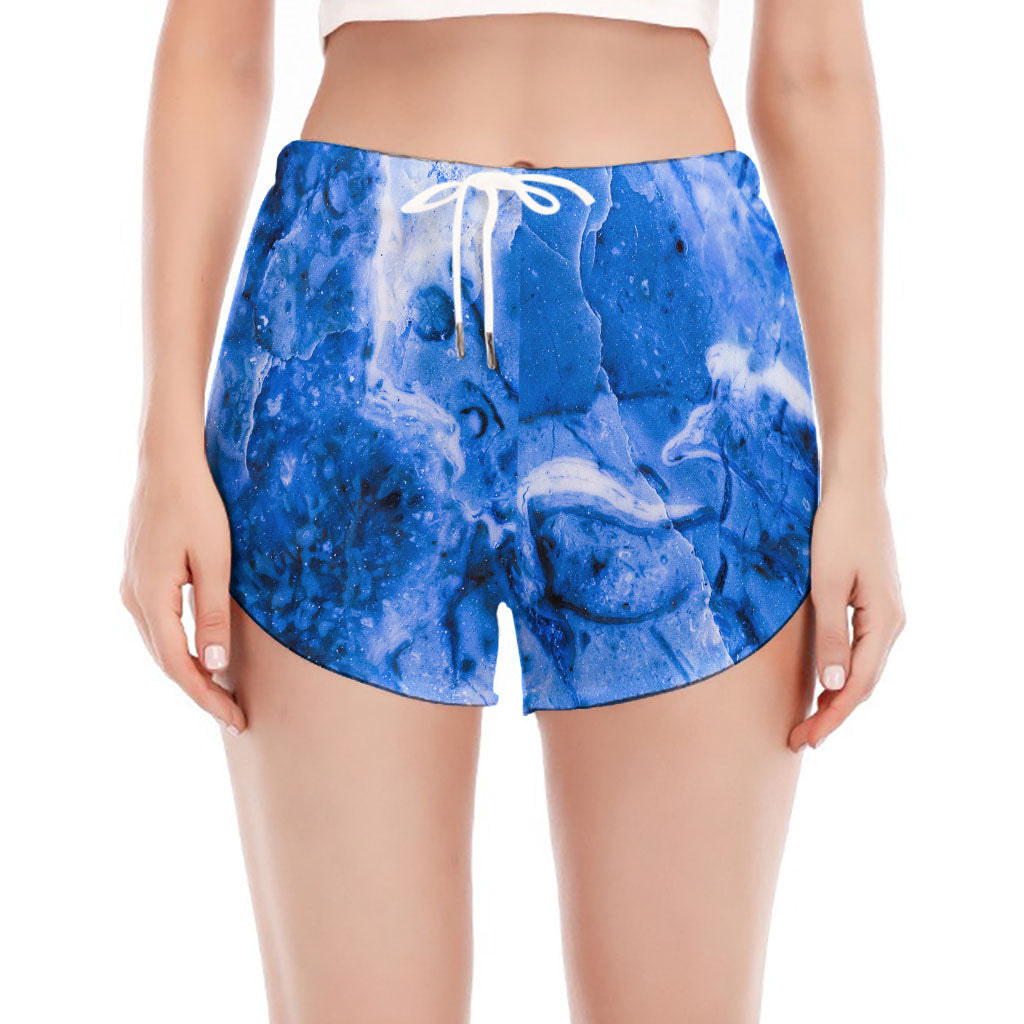 Blue Sapphire Marble Print Women's Split Running Shorts