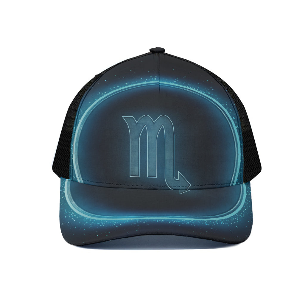 Blue Scorpio Zodiac Sign Print Black Mesh Trucker Cap
