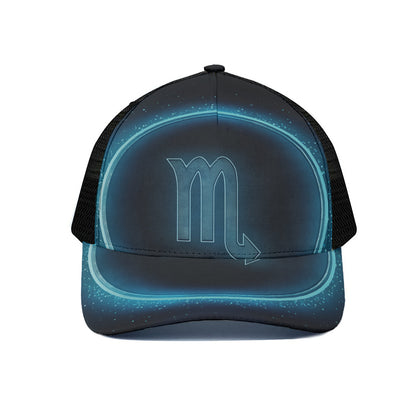 Blue Scorpio Zodiac Sign Print Black Mesh Trucker Cap