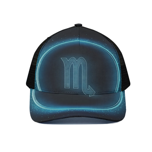 Blue Scorpio Zodiac Sign Print Black Mesh Trucker Cap
