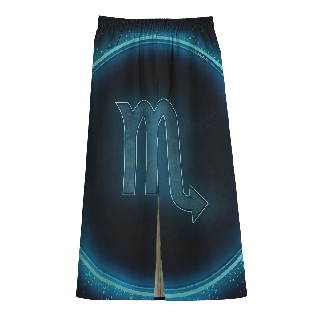 Blue Scorpio Zodiac Sign Print Cotton Front Slit Maxi Skirt