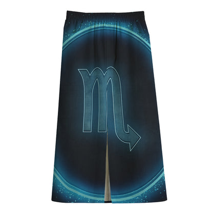Blue Scorpio Zodiac Sign Print Cotton Front Slit Maxi Skirt