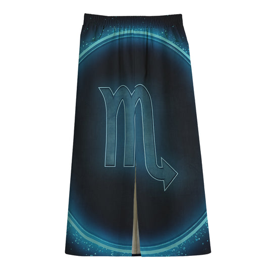 Blue Scorpio Zodiac Sign Print Cotton Front Slit Maxi Skirt