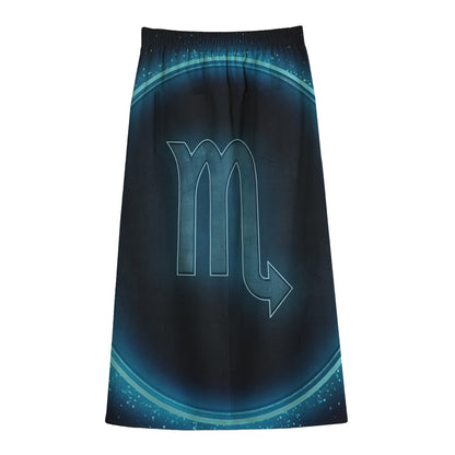 Blue Scorpio Zodiac Sign Print Cotton Front Slit Maxi Skirt