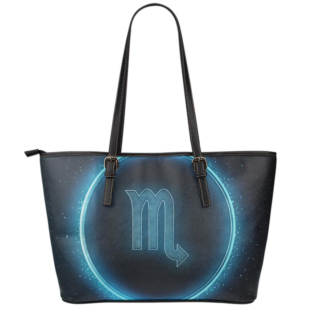 Blue Scorpio Zodiac Sign Print Leather Tote Bag