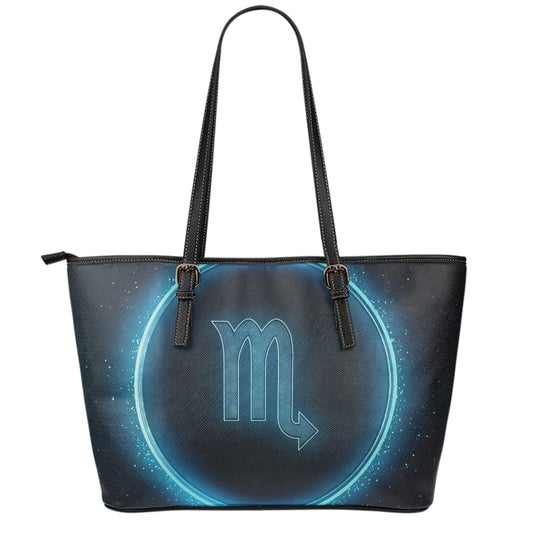 Blue Scorpio Zodiac Sign Print Leather Tote Bag