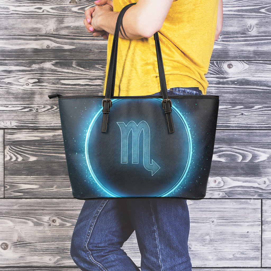 Blue Scorpio Zodiac Sign Print Leather Tote Bag