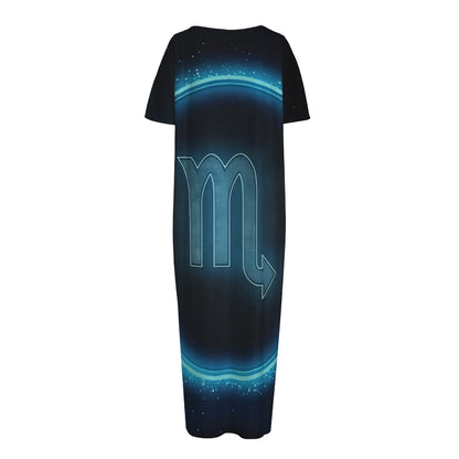 Blue Scorpio Zodiac Sign Print Short Sleeve Long Nightdress