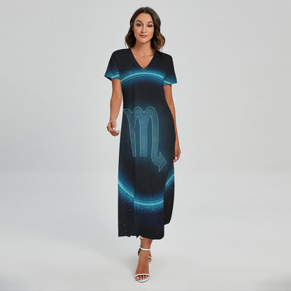 Blue Scorpio Zodiac Sign Print Short Sleeve Maxi Dress