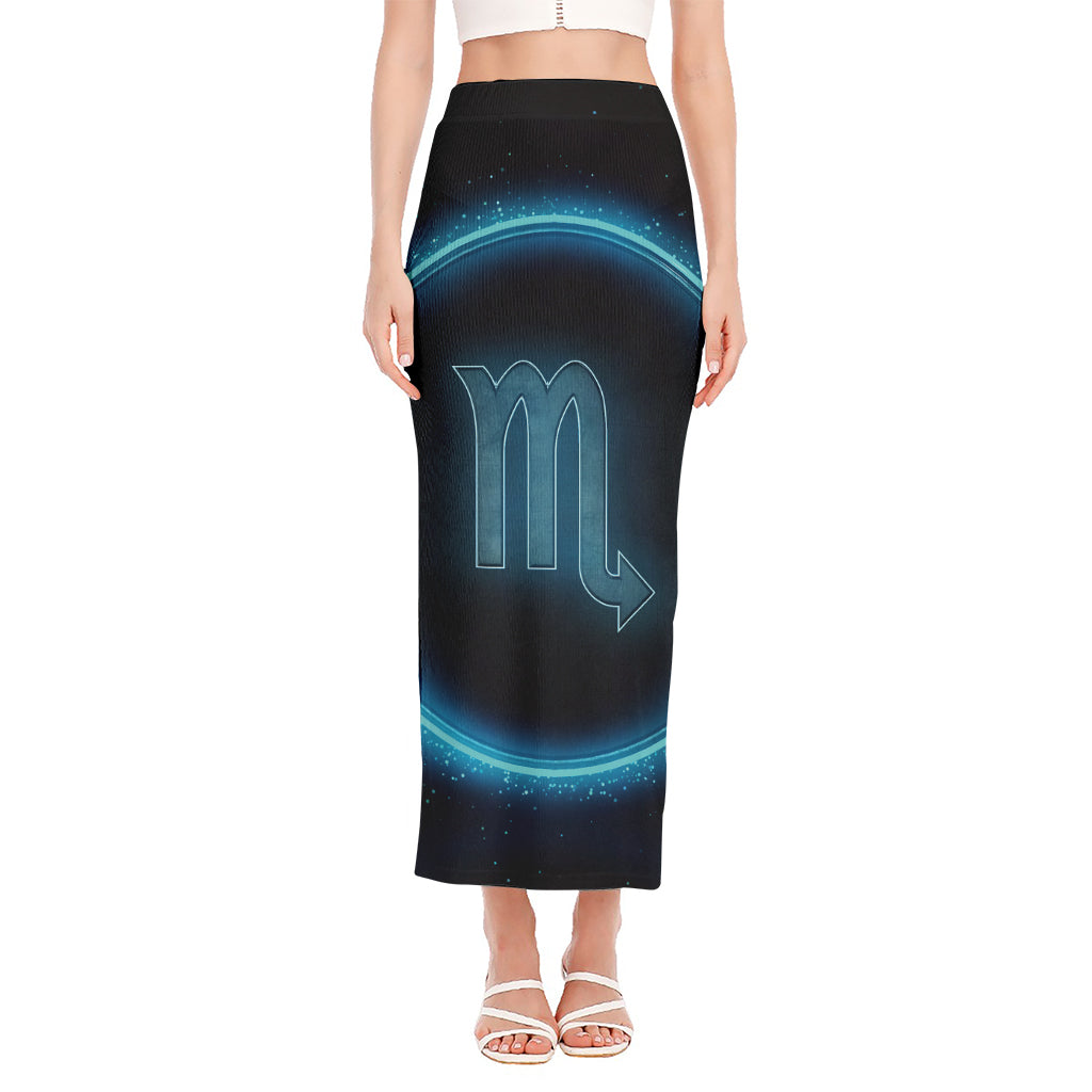 Blue Scorpio Zodiac Sign Print Side Slit Maxi Skirt
