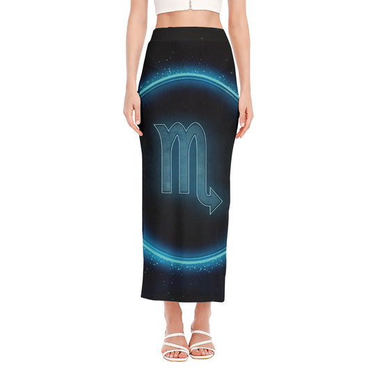 Blue Scorpio Zodiac Sign Print Side Slit Maxi Skirt