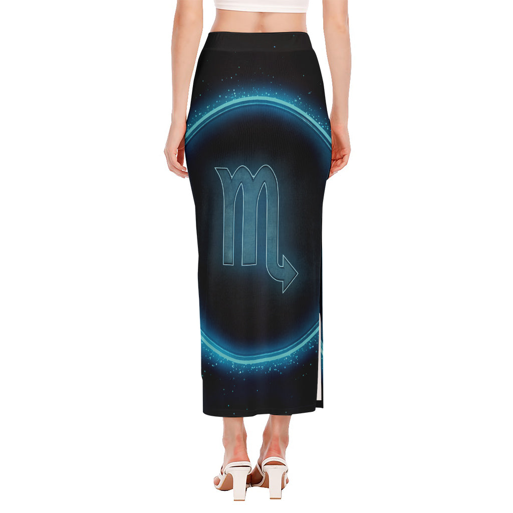 Blue Scorpio Zodiac Sign Print Side Slit Maxi Skirt