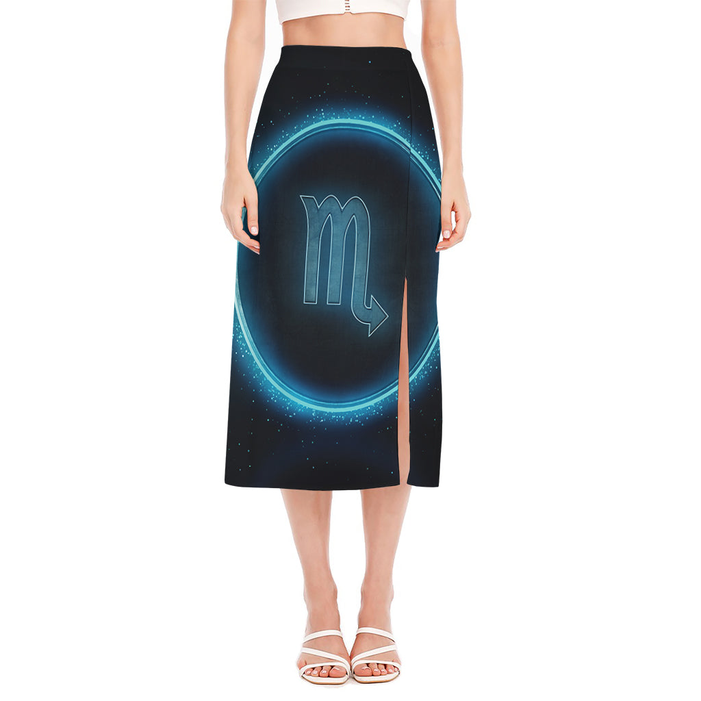 Blue Scorpio Zodiac Sign Print Side Slit Midi Skirt