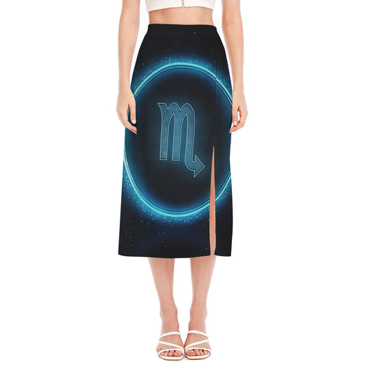 Blue Scorpio Zodiac Sign Print Side Slit Midi Skirt