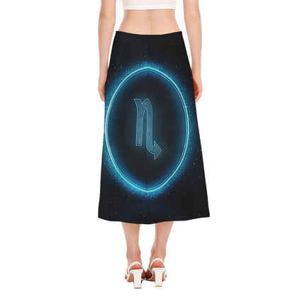 Blue Scorpio Zodiac Sign Print Side Slit Midi Skirt