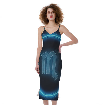 Blue Scorpio Zodiac Sign Print Slim Fit Midi Cami Dress