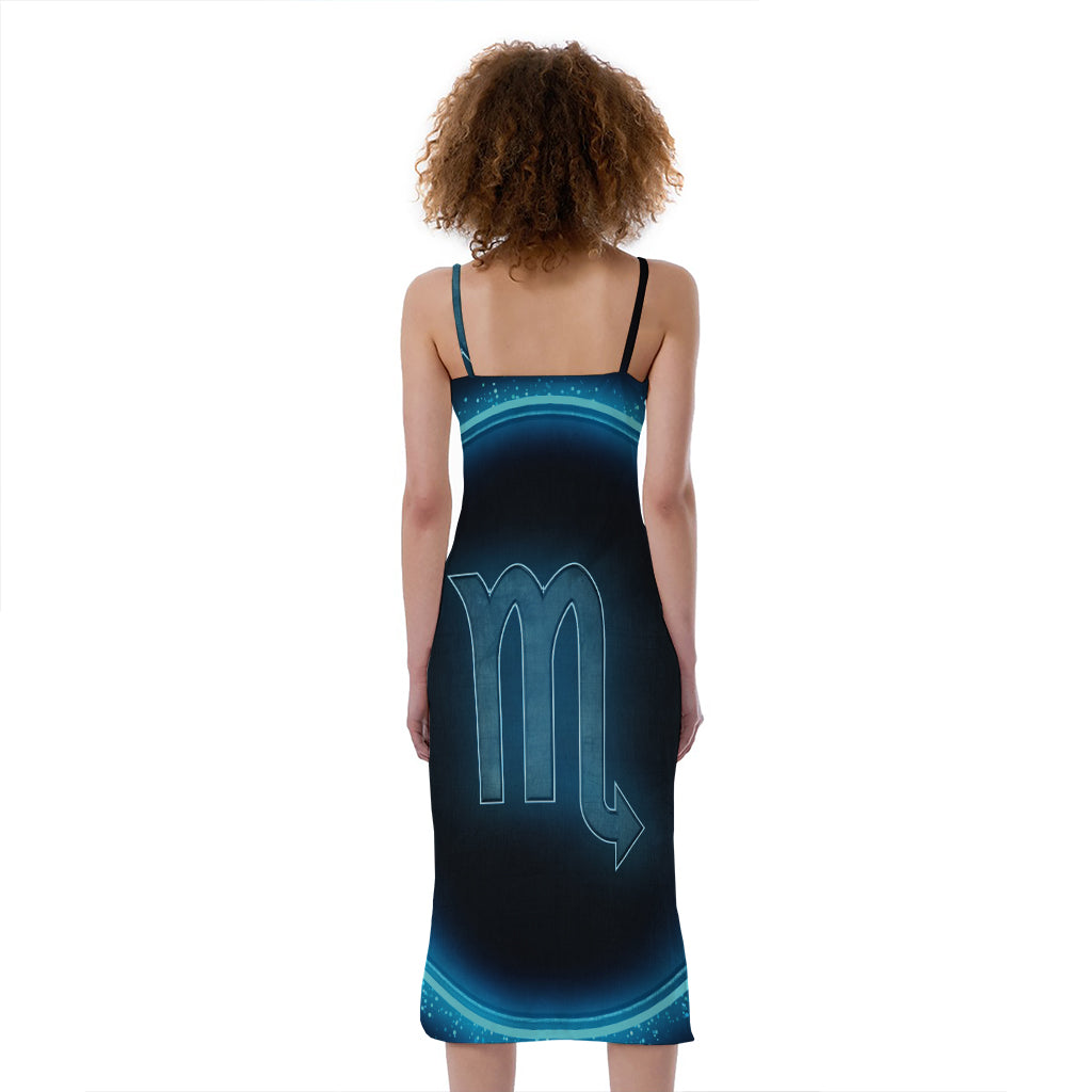 Blue Scorpio Zodiac Sign Print Slim Fit Midi Cami Dress