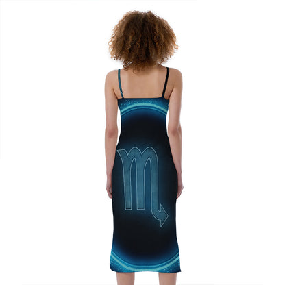 Blue Scorpio Zodiac Sign Print Slim Fit Midi Cami Dress