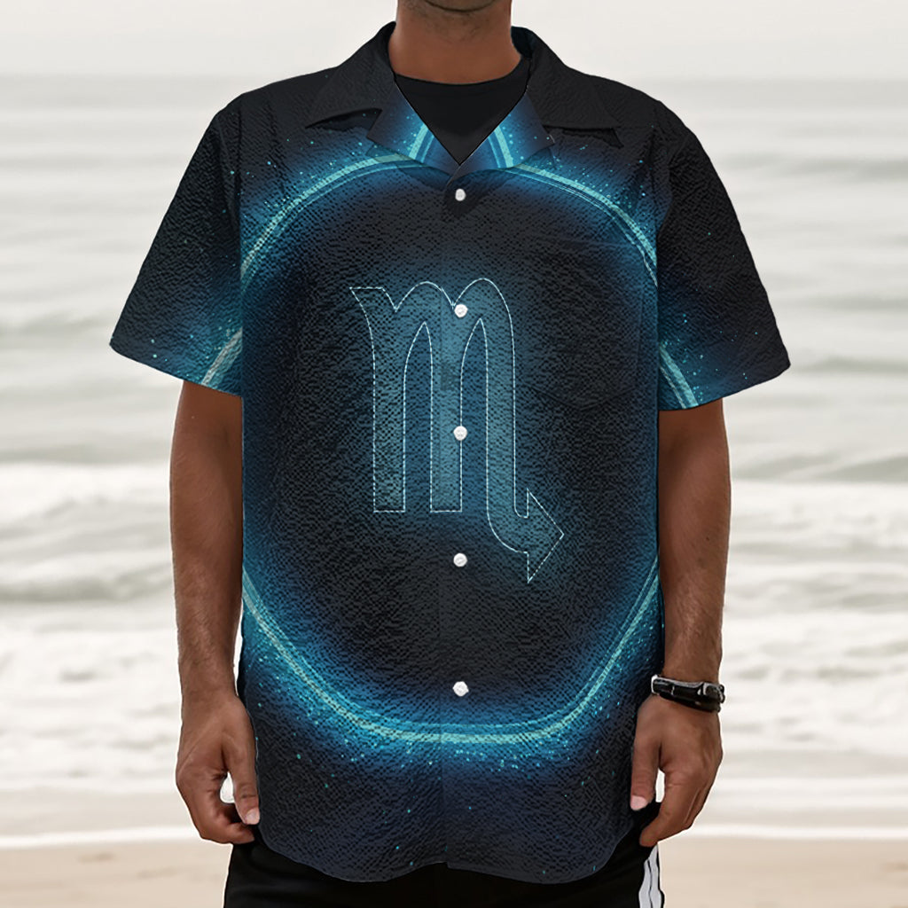 Blue Scorpio Zodiac Sign Print Textured Short Sleeve Shirt
