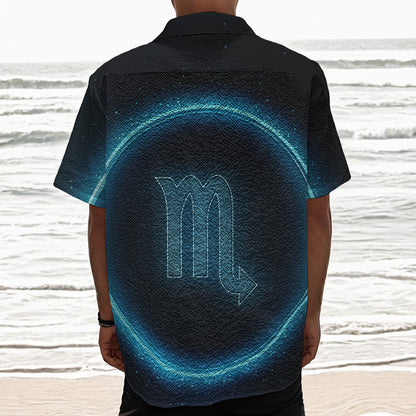 Blue Scorpio Zodiac Sign Print Textured Short Sleeve Shirt