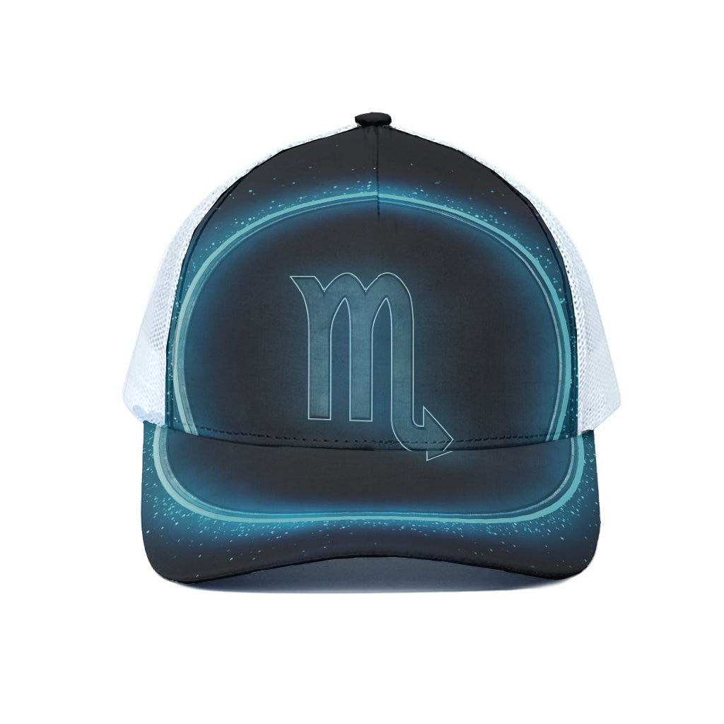 Blue Scorpio Zodiac Sign Print White Mesh Trucker Cap