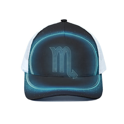 Blue Scorpio Zodiac Sign Print White Mesh Trucker Cap