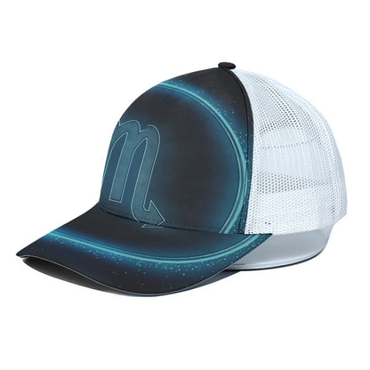 Blue Scorpio Zodiac Sign Print White Mesh Trucker Cap