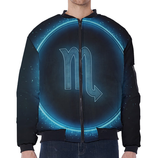 Blue Scorpio Zodiac Sign Print Zip Sleeve Bomber Jacket
