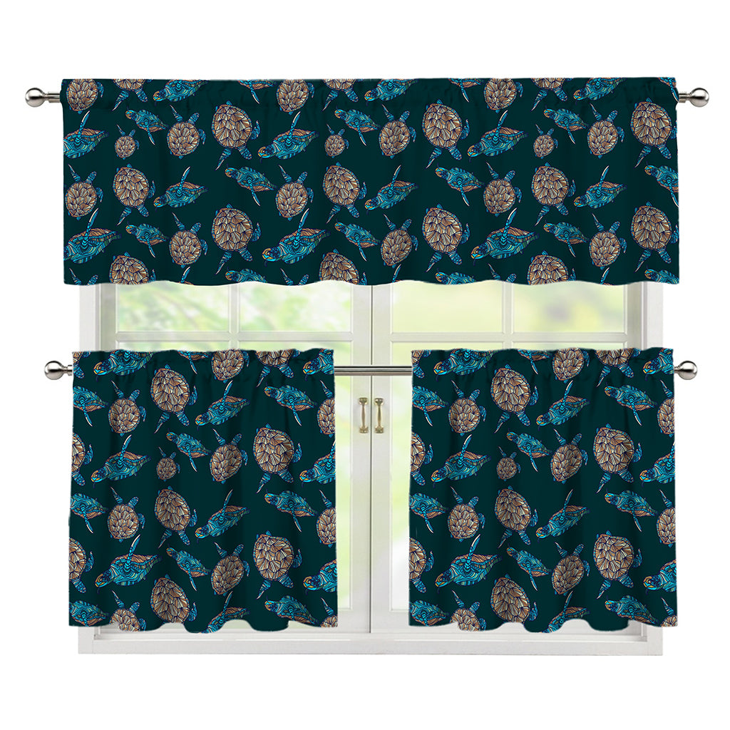 Blue Sea Turtle Pattern Print 3 Piece Kitchen Curtains
