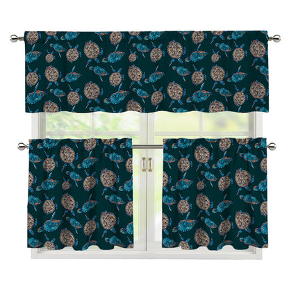 Blue Sea Turtle Pattern Print 3 Piece Kitchen Curtains