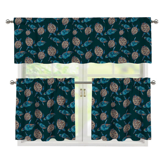 Blue Sea Turtle Pattern Print 3 Piece Kitchen Curtains