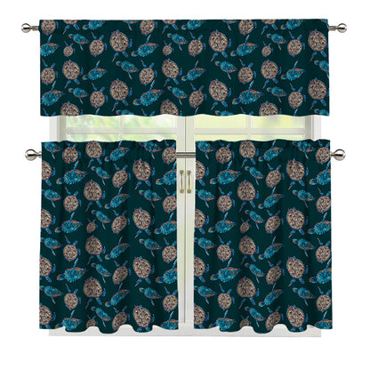 Blue Sea Turtle Pattern Print 3 Piece Kitchen Curtains